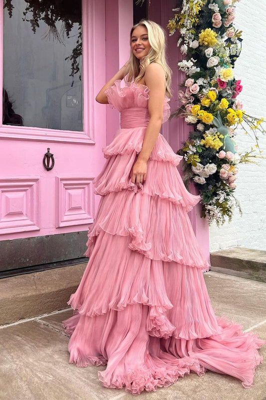 Prom Dress Pink Strapless A Line Tiered Crinkled Tulle Evening Dress