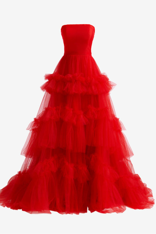 Red Prom Dress A Line Strapless Ruffled Tulle Evening Evening Dress