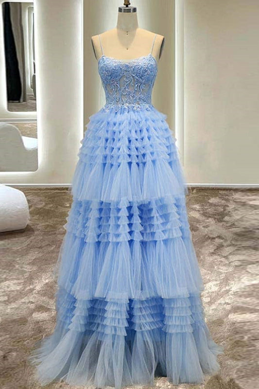 Prom Dress Spaghetti Straps Tulle Long A Line Evening Dress