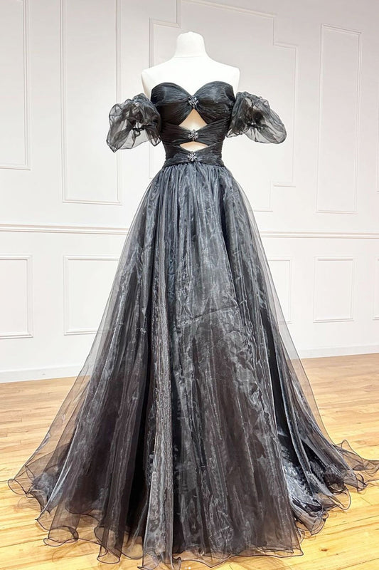 Glamorous Black Prom Dress Organza A Line Long Evening Dress