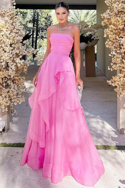 Pink Prom Dress Strapless Organza A Line Evening Dress