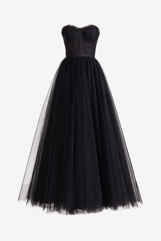 Glamorous Black Prom Dress Sweetheart Collar Corset Tulle Elegant A Line with Split Evening Dress