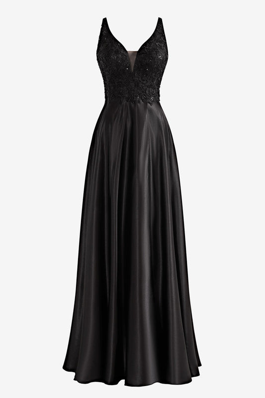 Glamorous Black Prom Dress A Line V Neck Satin Elegant with Split Evening Dress