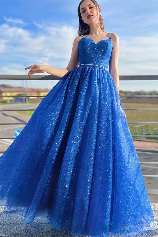 Royal Blue Prom Dress Shiny A Line Spaghetti Straps Long Evening Dress