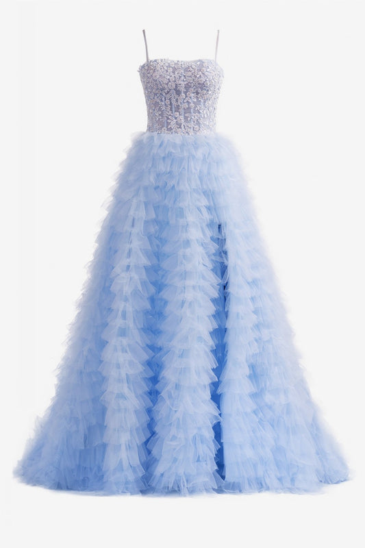 Sky Blue Prom Dress A Line Tiered Sequin Tulle Long Evening Dress