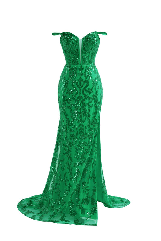 Prom Dress Green Sheath Sequin Long Elegant with Split Evening Dress