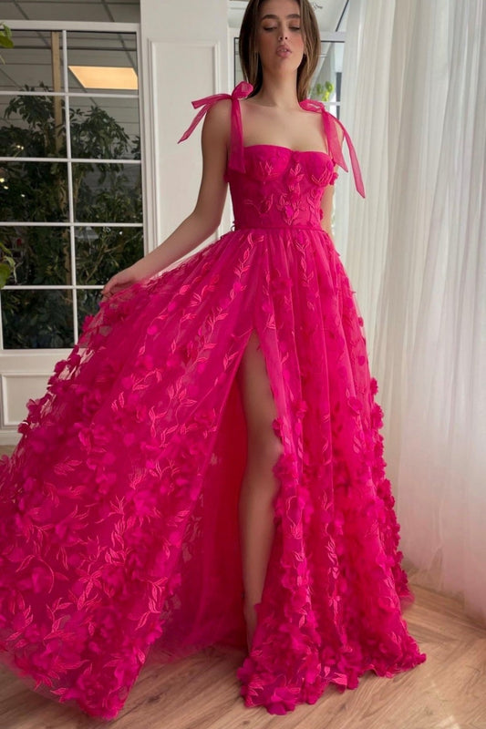 Prom Dress Fuchsia Elegant A Line 3D Flower Lace With Split Evening Dress