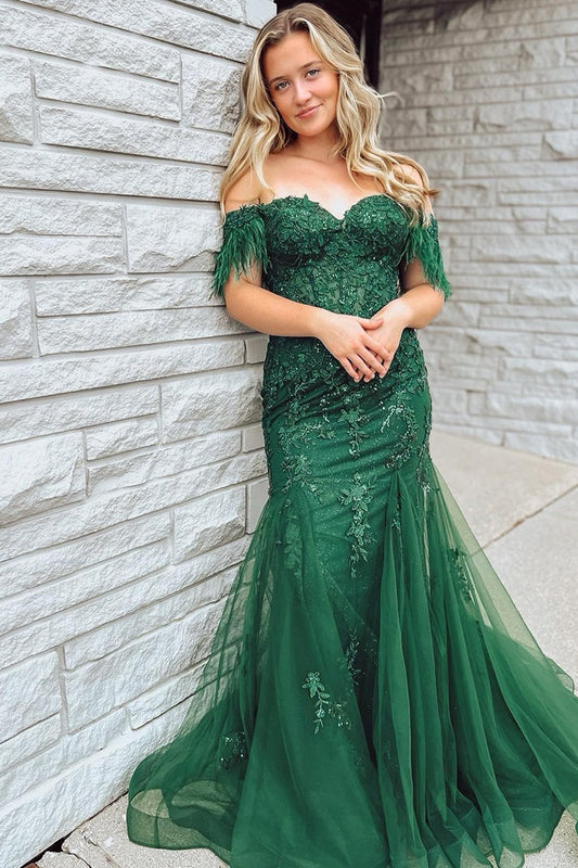 Dark Green Prom Dress Mermaid Long Lace Evening Dress with Feathers