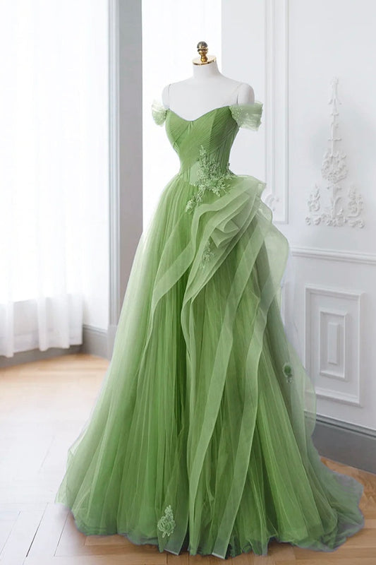 Prom Dress Green A Line Off the Shoulder Long Lace Evening Dress