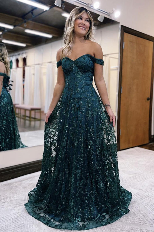 Prom Dress Glitter Mermaid Off The Shoulder Dark Green Long Evening Dress