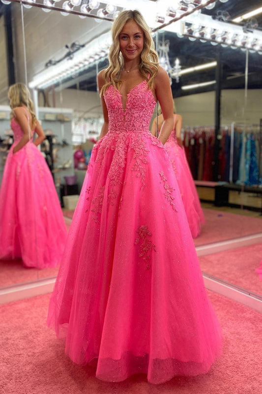 Prom Dress V Neck Pink A Line Lace Long Evening Dress