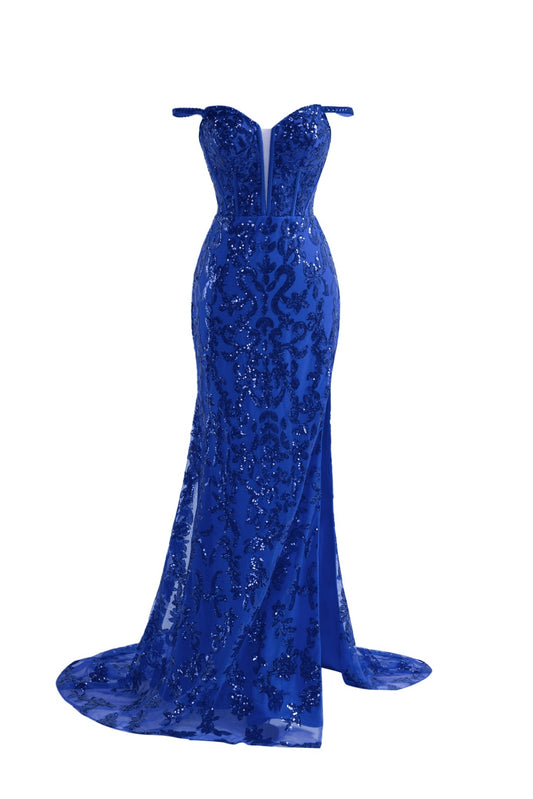 Prom Dress Shiny Blue Sheath Sequin Long Elegant with Split Evening Dress