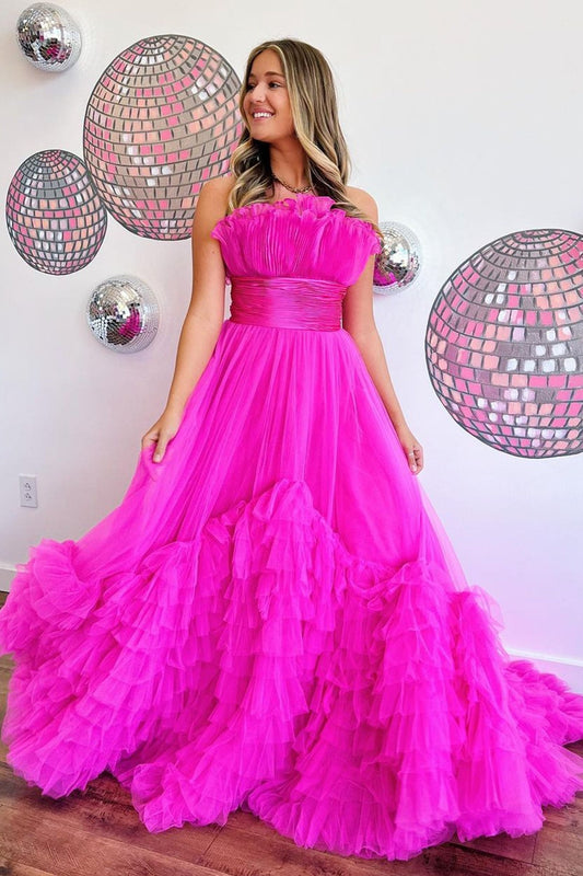 Prom Dress A Line Strapless Pink Tiered Long Tulle Evening Dress