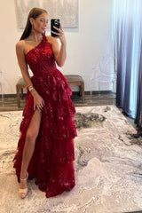 Burgundy Prom Dress Sheath One Shoulder Tiered Lace Long Evening Dress