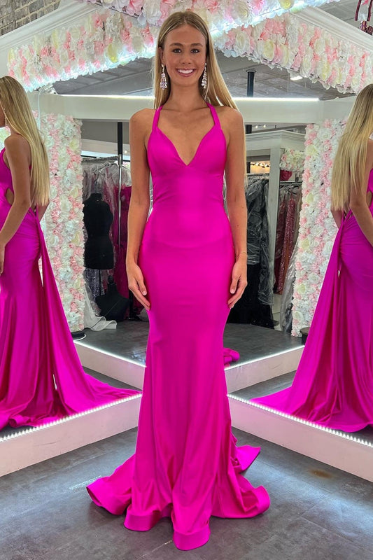 Prom Dress Mermaid Pink V Neck Backless Satin Long Evening Dress