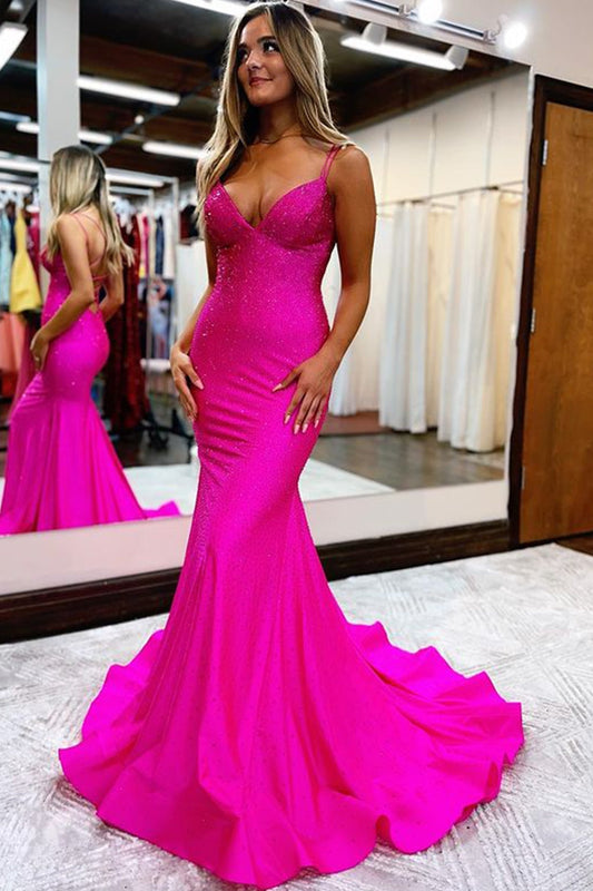 Prom Dress Shiny Mermaid V Neck Delicate Beaded Satin Long Evening Dress