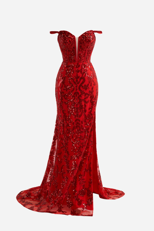 Prom Dress Red Sheath Sequin Long Elegant with Split Evening Dress