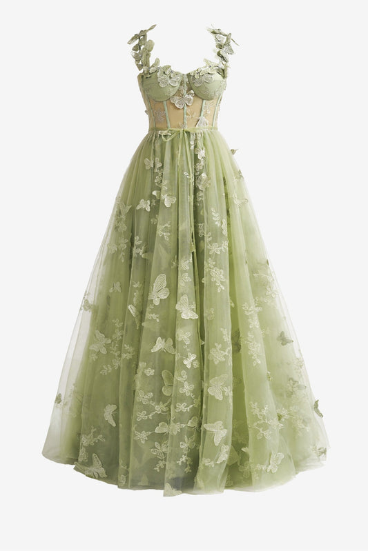 Prom Dress Green A Line Butterfly Lace Lilac Corset Elegant with Split Evening Dress