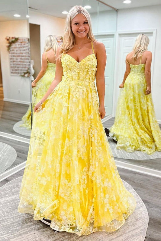 Yellow Prom Dress A Line Spaghetti Straps Long Appliques Evening Dress