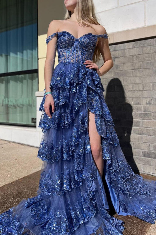 Dark Blue Prom Dress Princess A Line Off the Shoulder Corset Elegant with Lace Ruffles Evening Dress