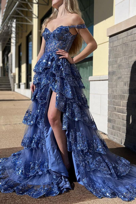 Dark Blue Prom Dress Princess A Line Off the Shoulder Corset Elegant with Lace Ruffles Evening Dress