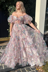 Prom Dress A Line Chic Sweetheart Collar Printed Tulle Long Evening Dress