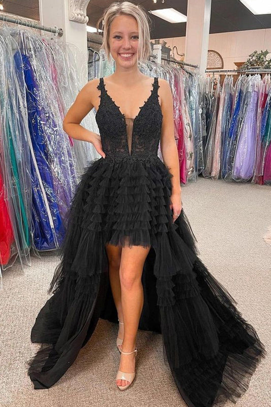 Prom Dress Glamorous Black V Neck Asymmetrical Tulle Long Evening Dress