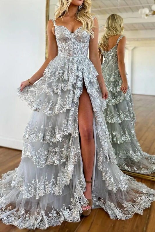 Silver Prom Dress A Line Off the Shoulder Corset Elegant with Lace Ruffles Evening Dress