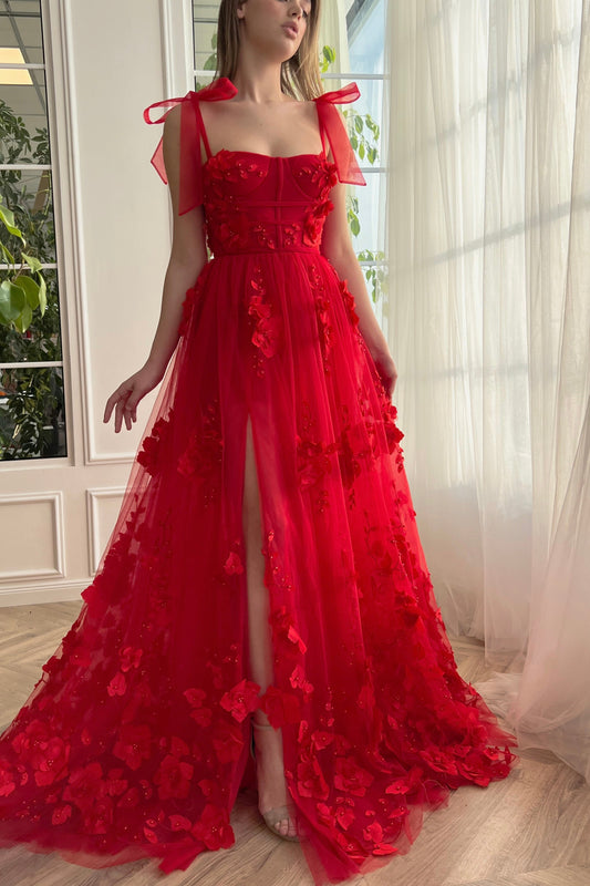 Red Prom Dress Lace 3D Flower Long Elegant With Split Evening Dress