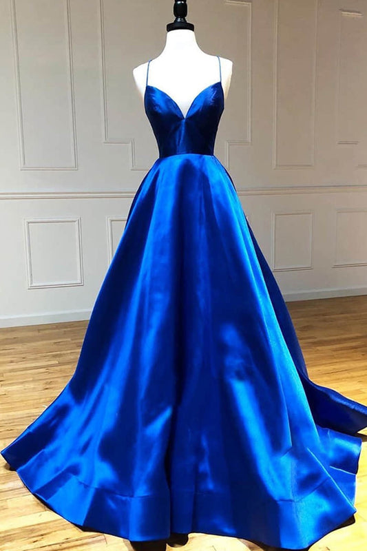 Royal Blue Prom Dress Satin A Line V Neck Long Evening Dress