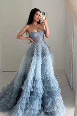 Prom Dress A Line Sweetheart Collar Tiered Ruffled Tulle Long Evening Dress