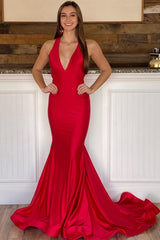 Prom Dress Halter Deep V Neck Red Long Bodycon Evening Dress