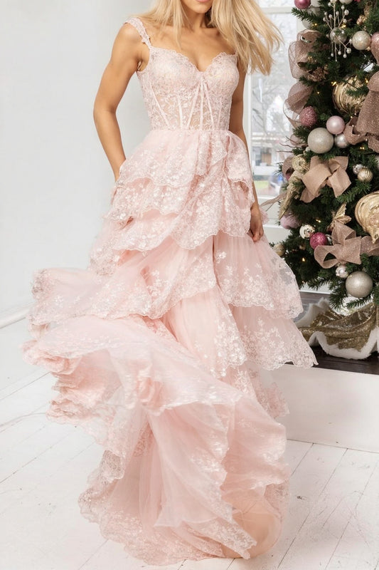 Pink Prom Dress A Line Chic Off the Shoulder Corset With Lace Tiered Evening Dress