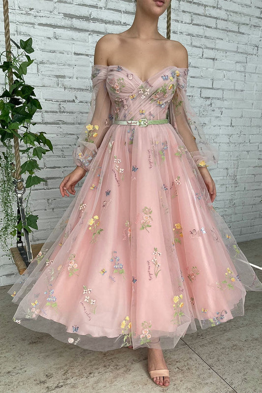 Light Pink A Line Prom Dress With Delicate Embroidery Off the Shoulder Evening Dress