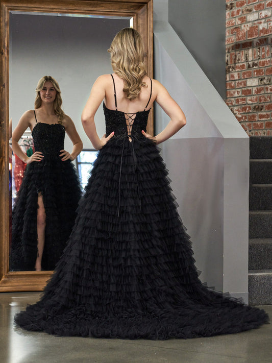 Dressystars  Glamorous Black A-Line Tiered Sequin Material  Tulle Material Long Prom Dress