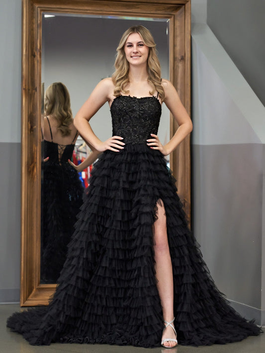 Dressystars  Glamorous Black A-Line Tiered Sequin Material  Tulle Material Long Prom Dress