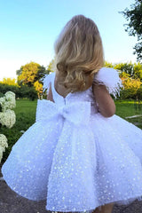 White Sparkly Crew Neck Ball Gown Flower Girl Dress with Feathers