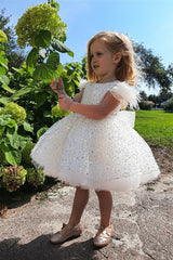 White Sparkly Crew Neck Ball Gown Flower Girl Dress with Feathers