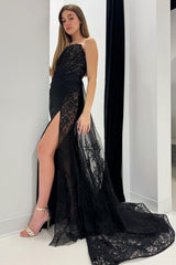 Giuliana Dressystars Glamorous Black Lace Strapless Long Formal Dress with Attached Train