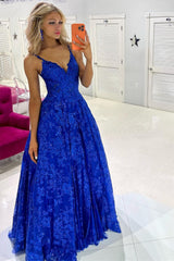 Dressystars  Royal Blue Sequin Lace Sexy V-Neck A-Line Long Prom Dress