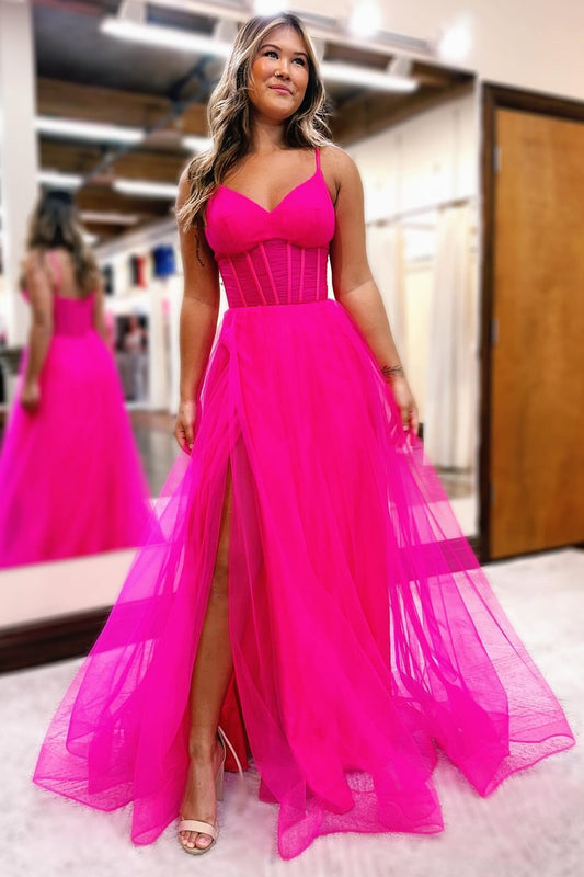 Dressystars  Fuchsia Sexy V-Neck Sheer Bodice A-Line Long Elegant Prom Dress with Split Design