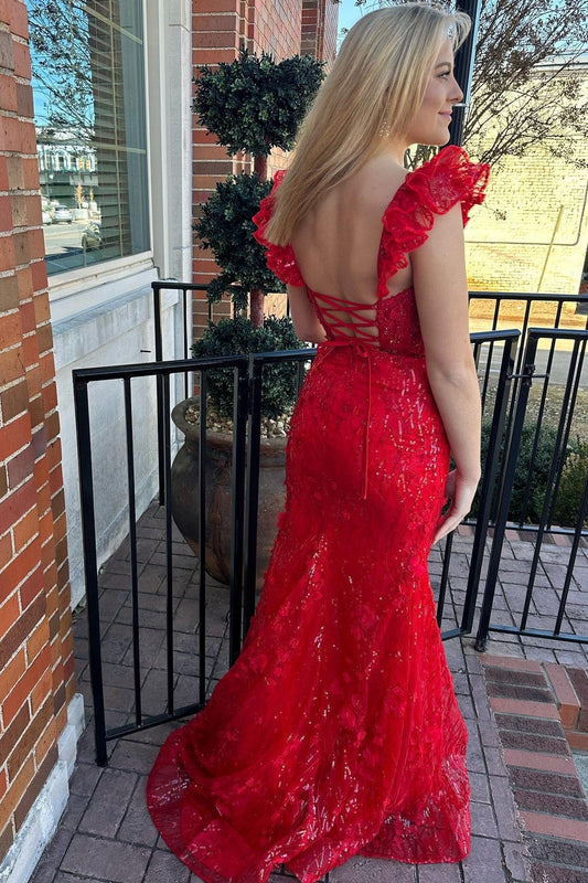 Dressystars  Red Delicate Appliques Chic Sweetheart Collar Flutter Sleeve Mermaid Long Prom Dress