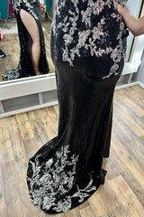 Charleigh Dressystars  Glamorous Black Sequin Delicate Appliques Spaghetti Strap Long Elegant Prom Dress with Split Design