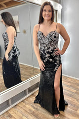 Charleigh Dressystars  Glamorous Black Sequin Delicate Appliques Spaghetti Strap Long Elegant Prom Dress with Split Design