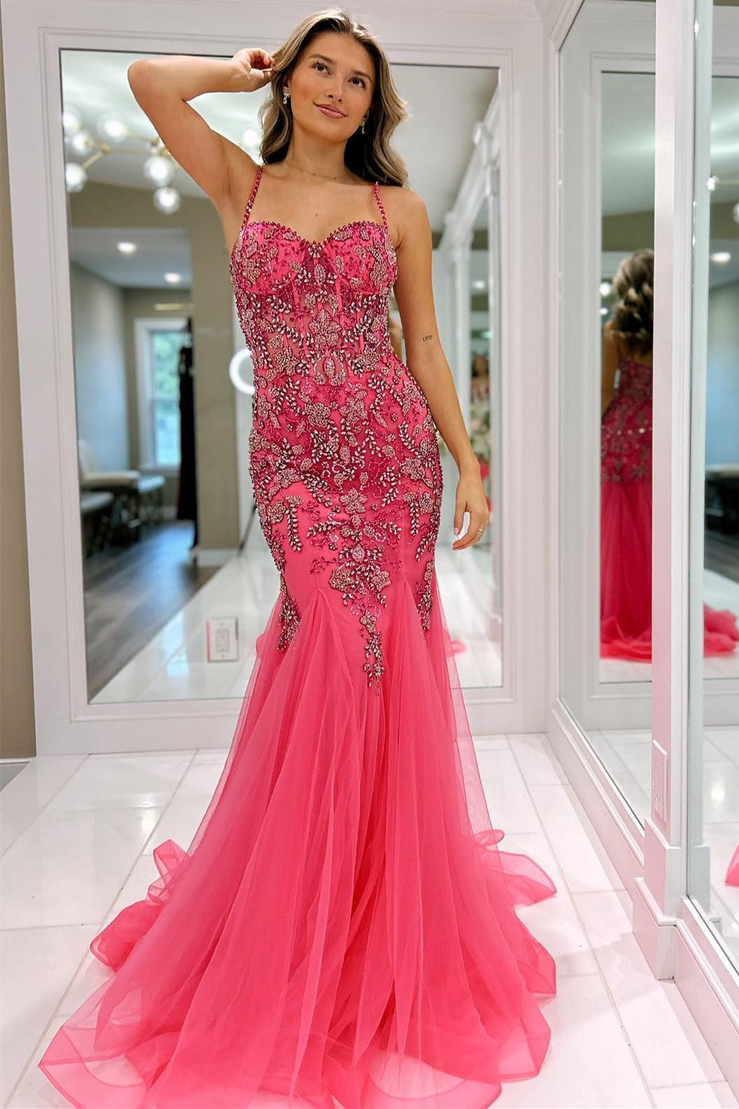 Girly Pink Delicate Beaded Spaghetti Strap Trumpet Long Gown