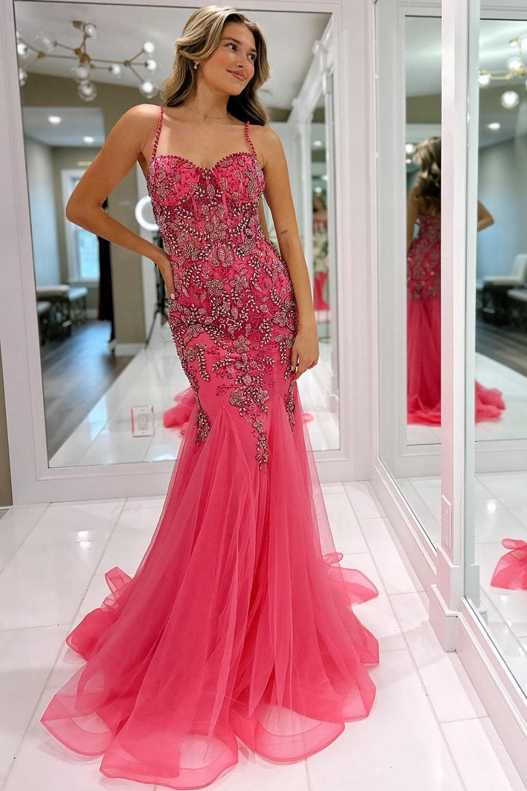 Girly Pink Delicate Beaded Spaghetti Strap Trumpet Long Gown