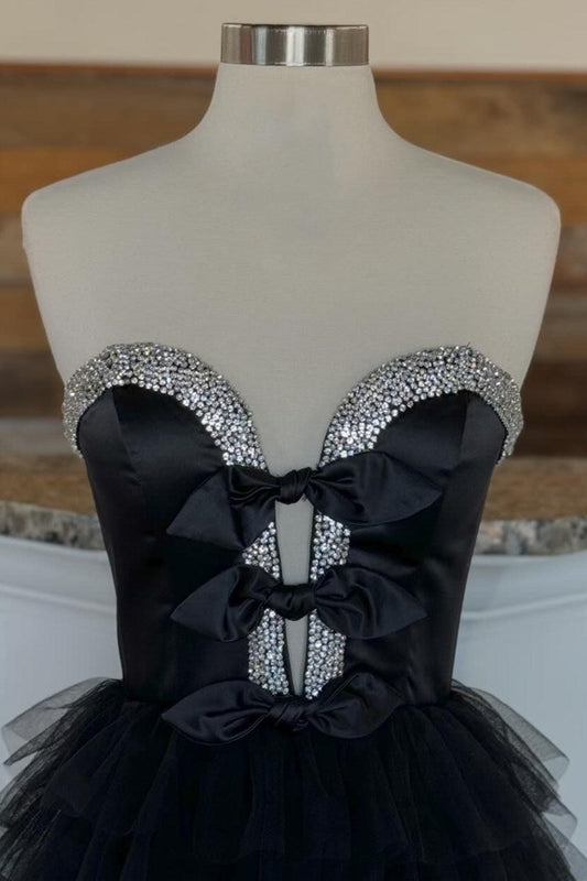 Peggy Dressystars  Glamorous Black Strapless Bow Ruffle Long Elegant Prom Dress with Split Design