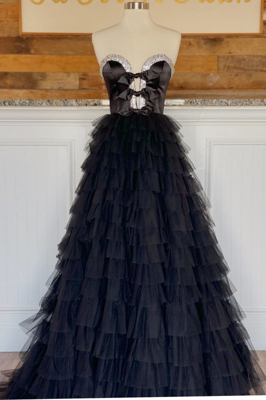 Peggy Dressystars  Glamorous Black Strapless Bow Ruffle Long Elegant Prom Dress with Split Design