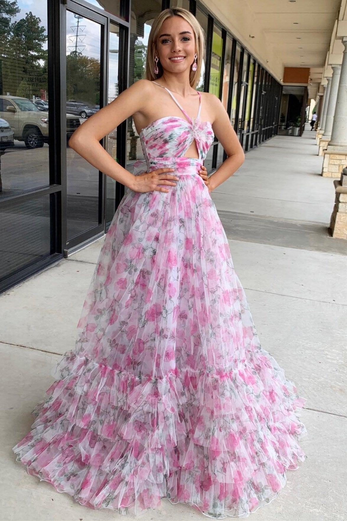 Rita Dressystars  Girly Pink Print Halter Keyhole A-Line Long Prom Dress