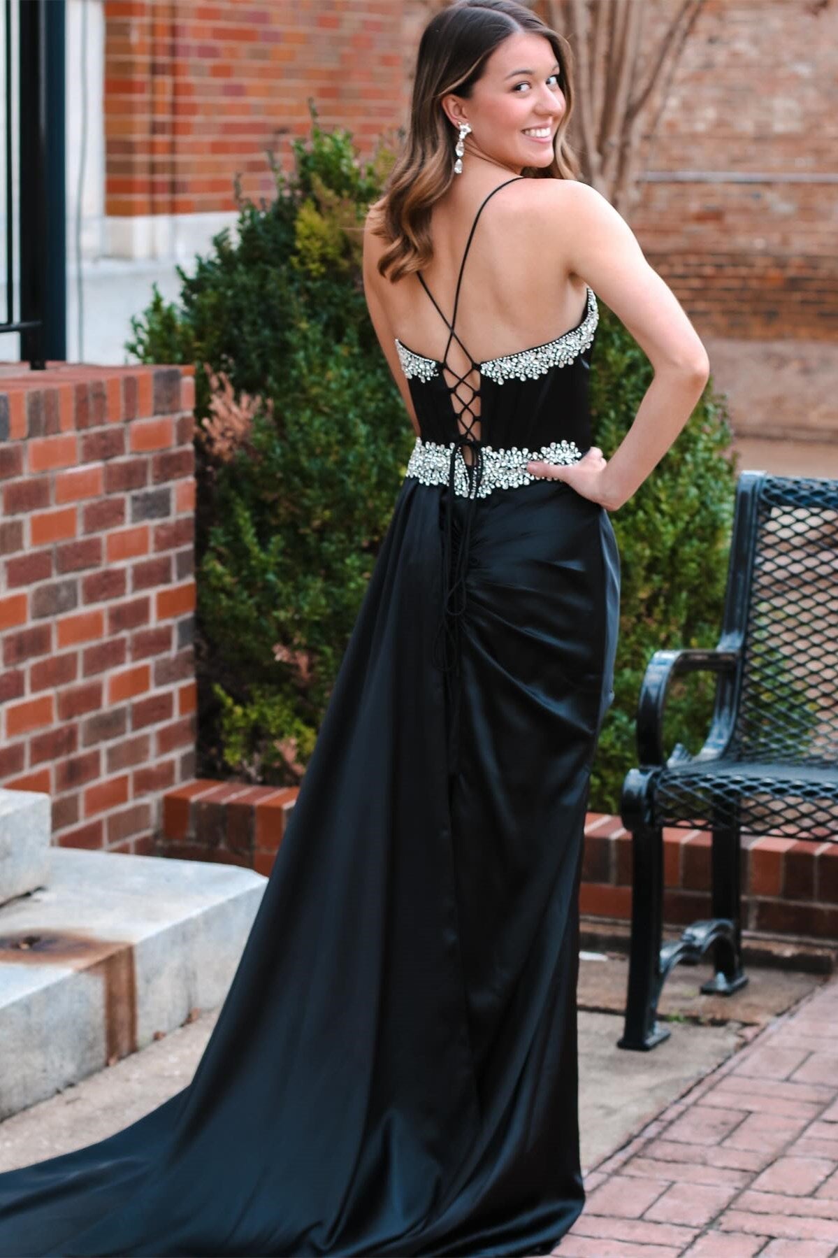 Polly Dressystars  Glamorous Black Rhinestone Sexy V-Neck Long Formal Dress with Attached Train